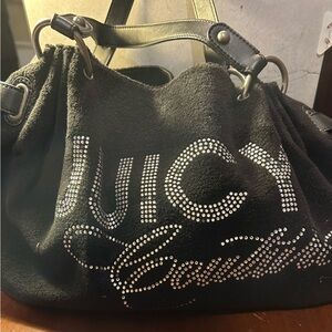 Juicy Couture Black Hobo Handbag with Rhinestone Logo and original fruit charm.